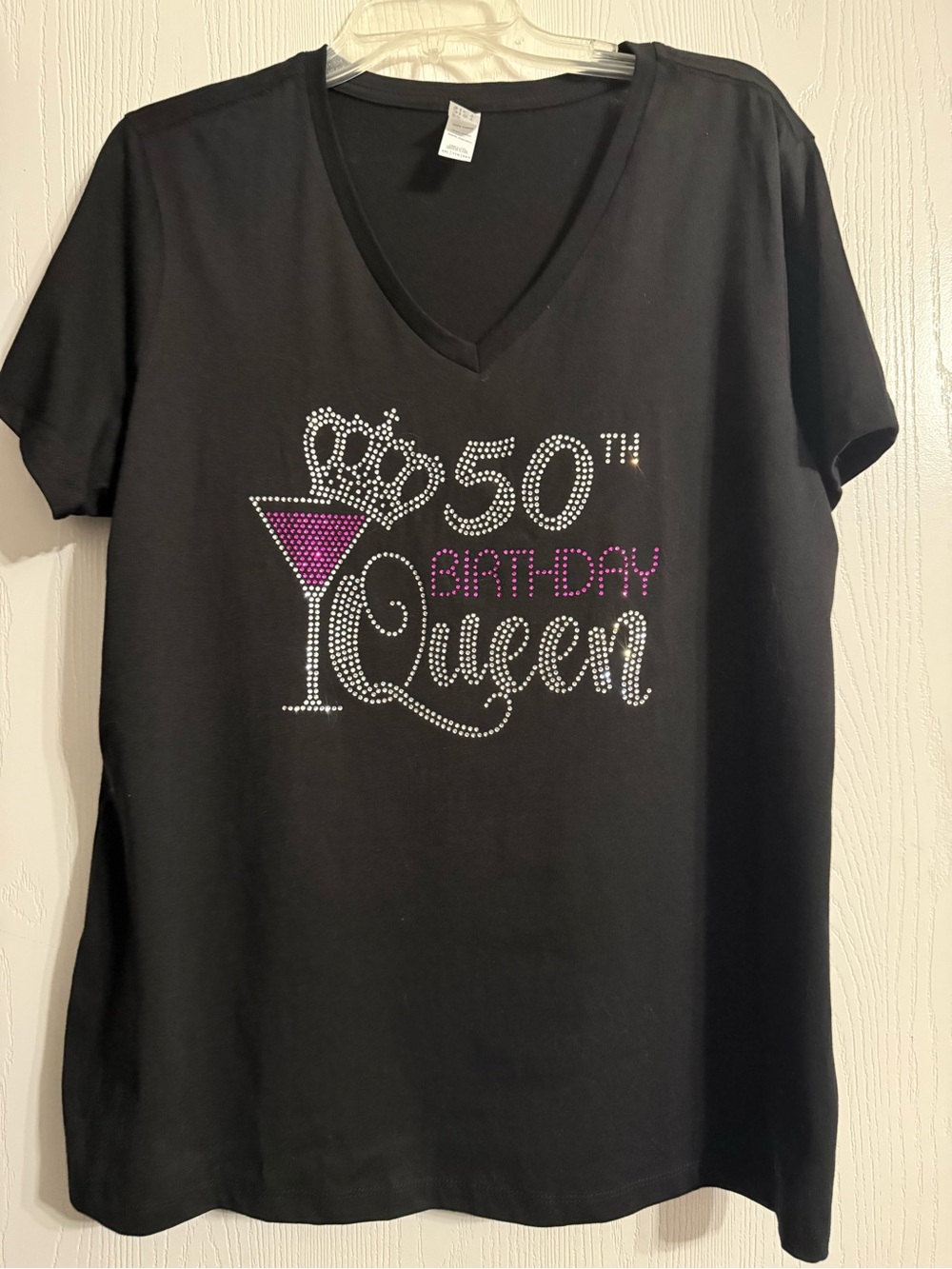 District Black 50th Birthday Queen Tee with Pink Accent Rhinestones